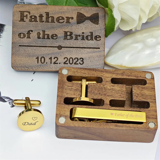 2023 Custom Bestman Cufflinks And Tie Clip Sets With Engraving Wooden Box Father Of Bride Groomsmen Wedding Gifts Jewelry